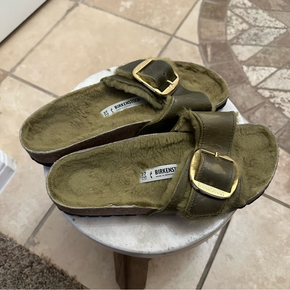 Birkenstock Olive Green Sandals with Gold Buckles